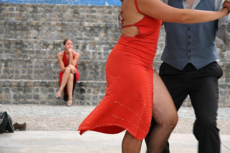 Close view of a couple’s dance hold and footwork in Buenos Aires, with the woman wearing a red dress.